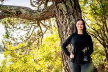 Load image into Gallery viewer, Black Merino Scoop Neck Ladies Tee Shirt - Long Sleeve - Nikau Palm design
