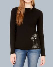 Load image into Gallery viewer, Ladies Long Sleeve Merino Tee - Black with Nikau motif