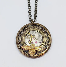 Load image into Gallery viewer, Steampunk Filigree Porthole Pendant with Bee
