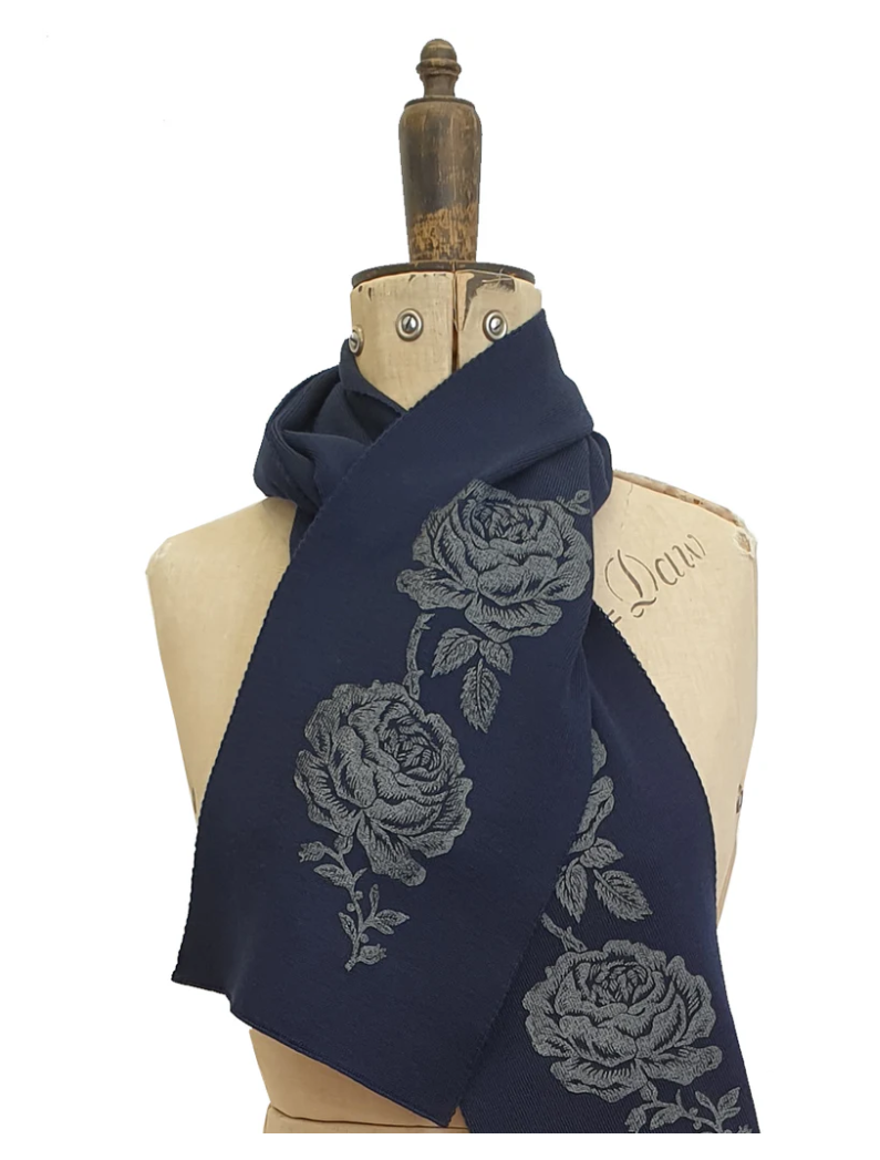 Merino Knit Scarf Rose Print - Ink