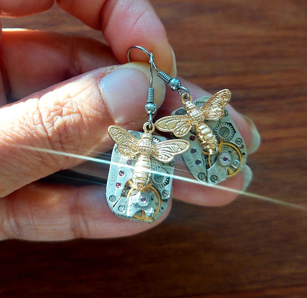 Rectangle Timepiece Earrings with Large Golden Bees