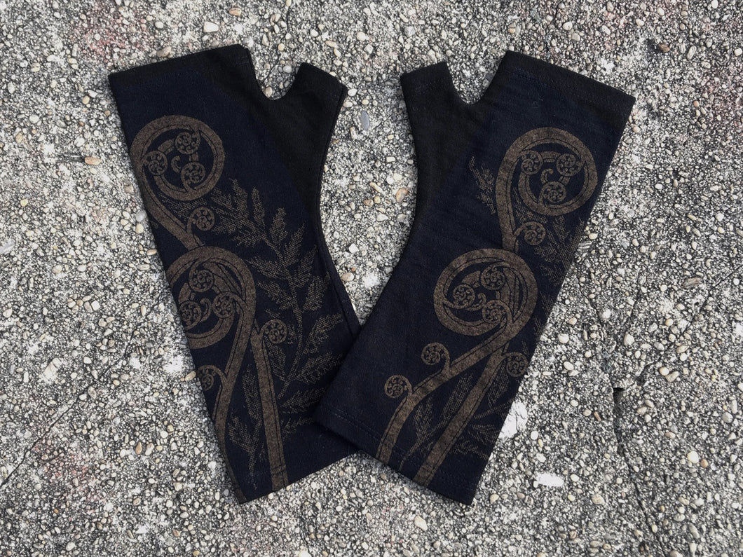 Black Merino Fingerless Gloves with Koru print