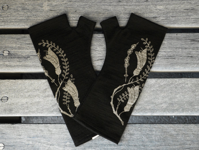 Black Merino Fingerless Gloves with Kowhai print