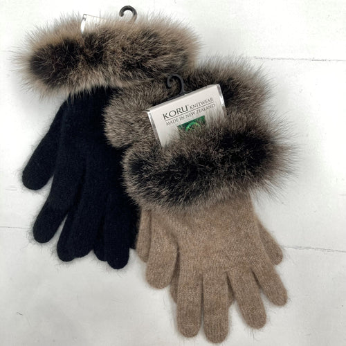 Koru Fur Trimmed Gloves - Black & Mocha