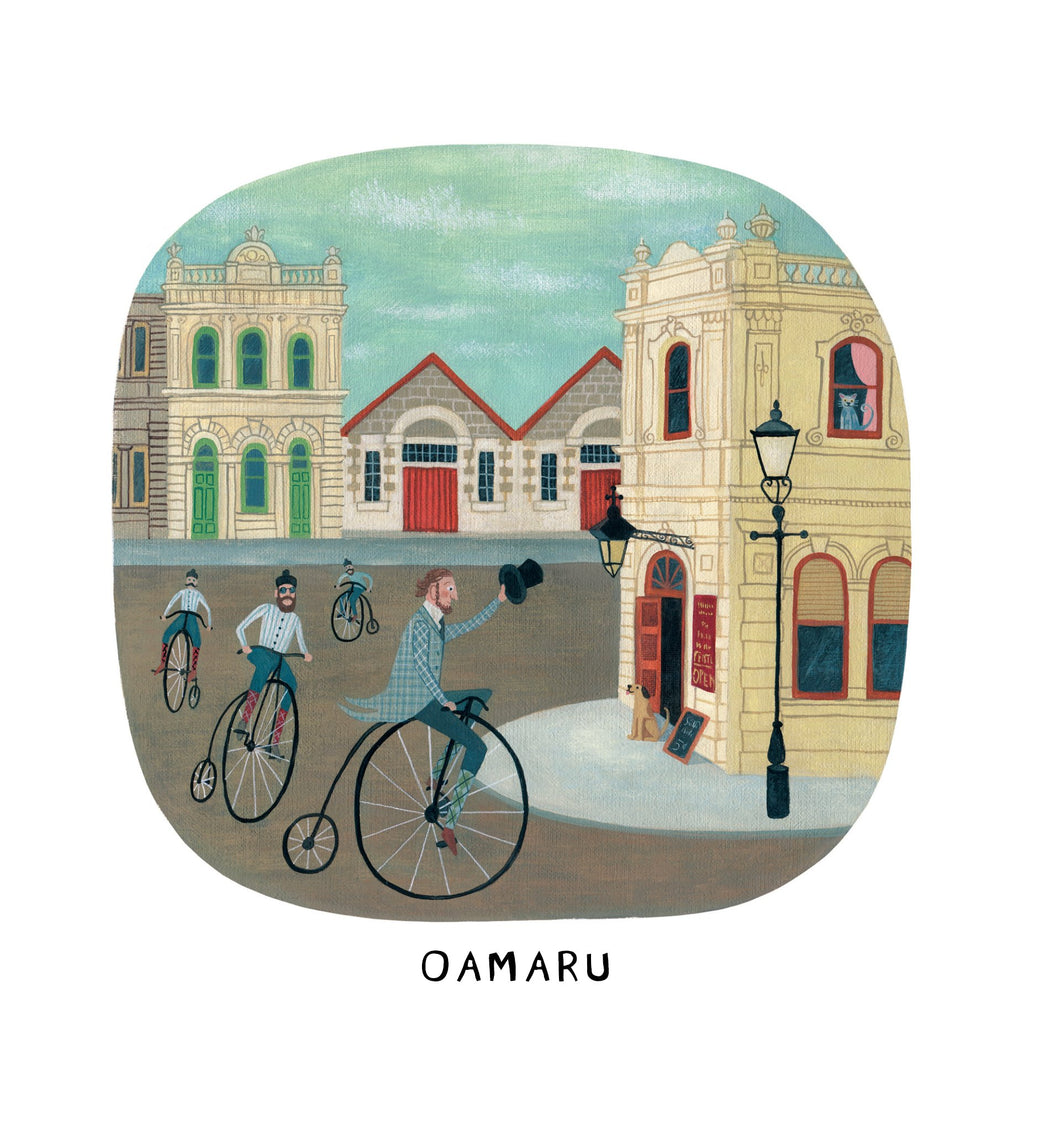 Oamaru scene on a card by Tanya Wolfkamp