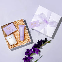Load image into Gallery viewer, Black Iris gift set has a candle soap and hand cream
