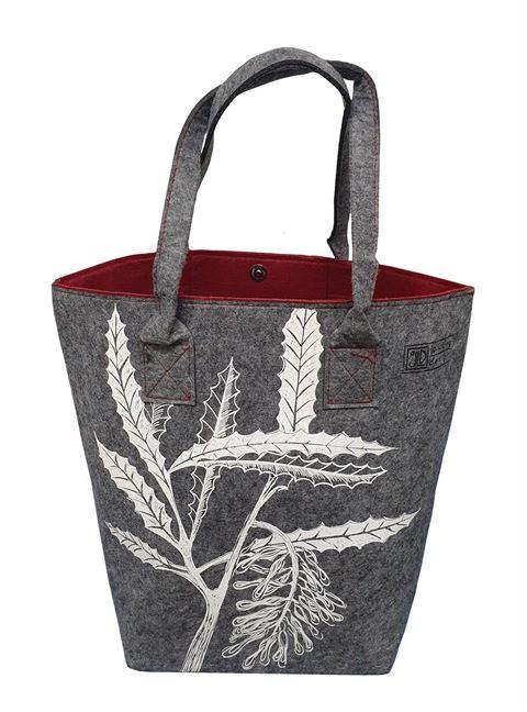 eco felt tote bag with rewarewa screen printed on the side grey with red lining