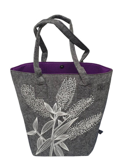 eco felt tote bag with koromiko printed on the side grey with a purple lining