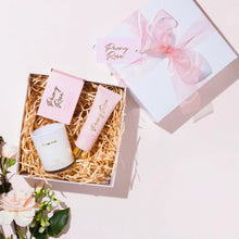 Load image into Gallery viewer, peony rose gift set has a candle soap and hand cream
